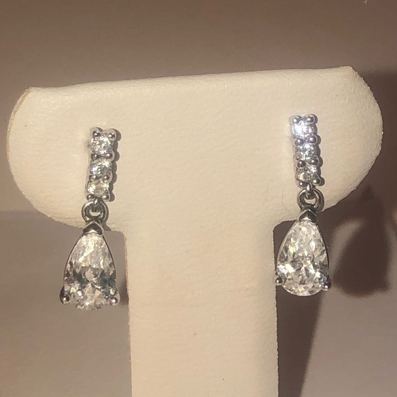 STERLING Silver White Cz Pear Shape Drop Stud Earrings 15mm Total Length - Picture 1 of 9